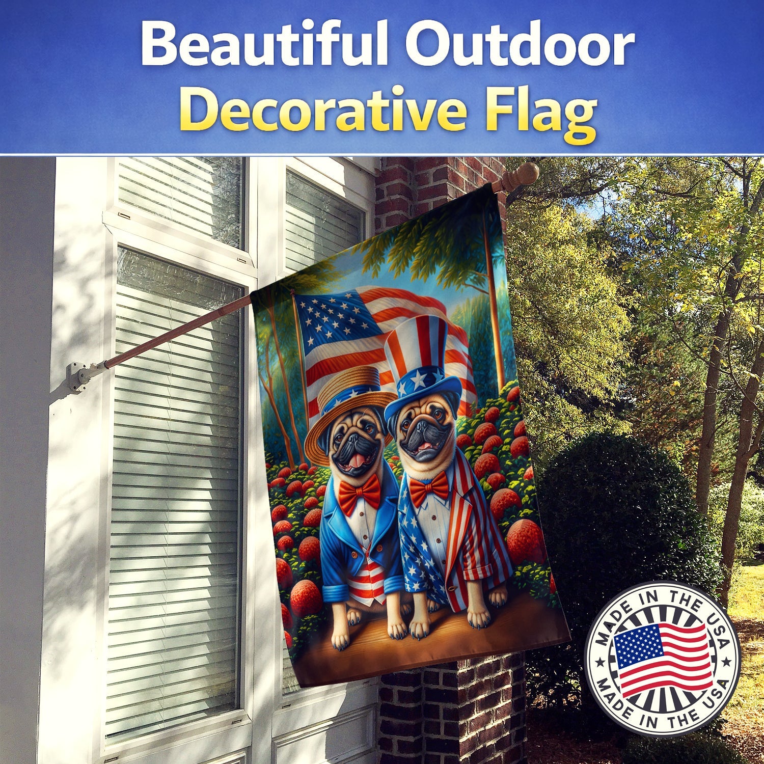 All American Pug House Flag 28x40 Porch Sleeve Pole Decorative Outside Yard Banner Artwork Wall Hanging, Polyester