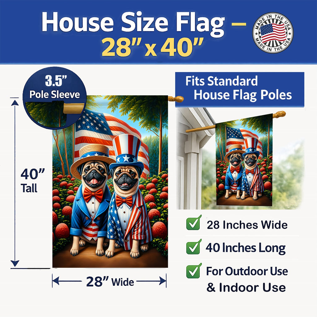 All American Pug House Flag 28x40 Porch Sleeve Pole Decorative Outside Yard Banner Artwork Wall Hanging, Polyester
