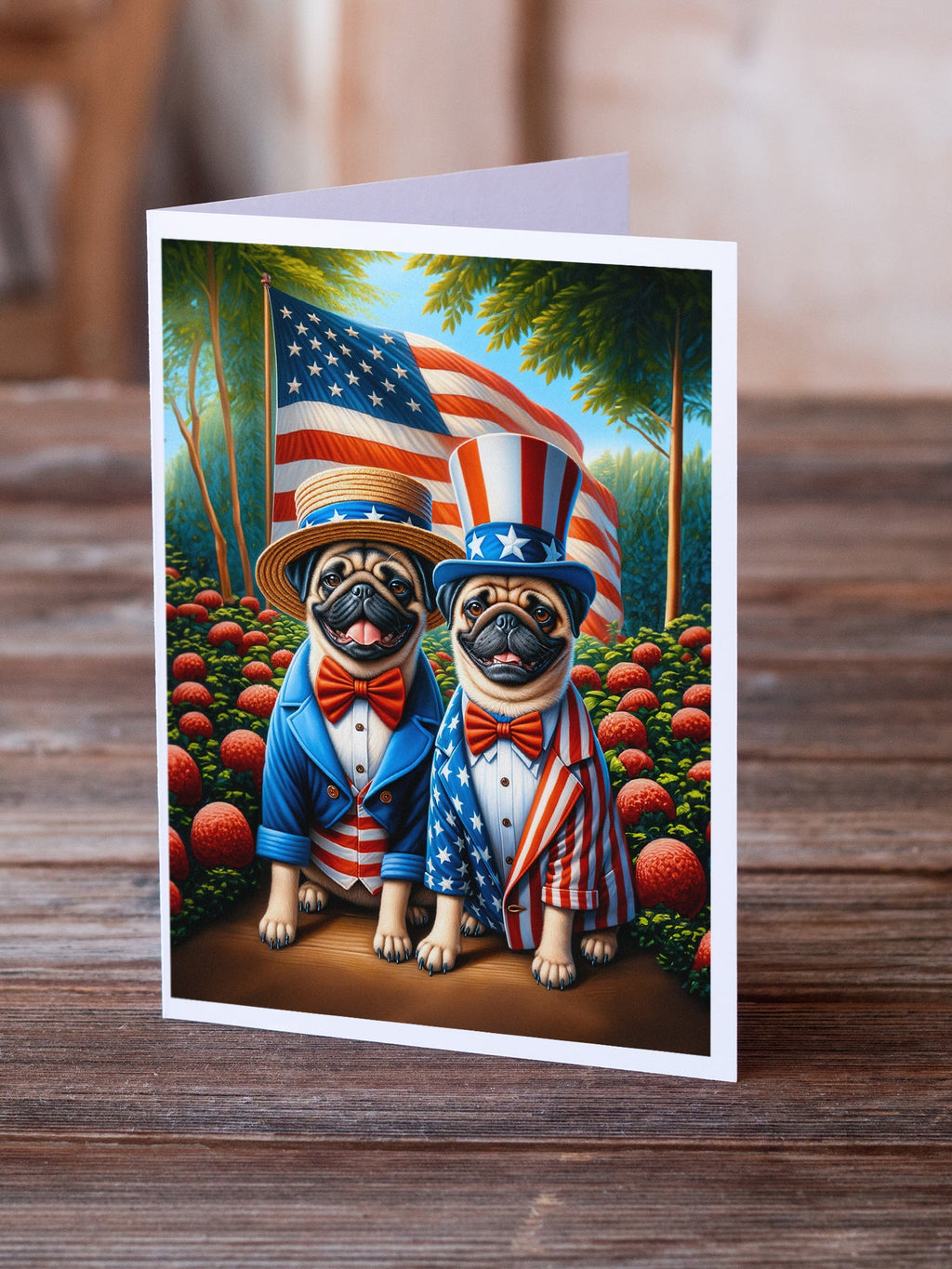 All American Pug Greeting Cards Pack of 8 Blank Cards with Envelopes Whimsical A7 Size 5x7