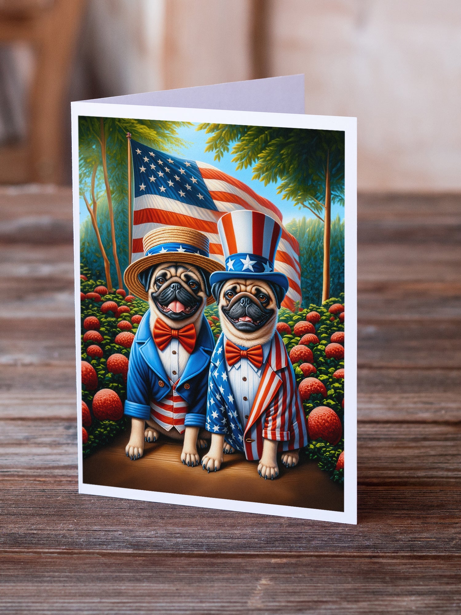 All American Pug Greeting Cards Pack of 8 Blank Cards with Envelopes Whimsical A7 Size 5x7