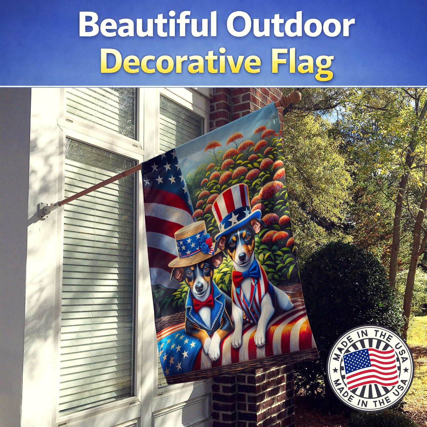 All American Rat Terrier House Flag 28x40 Porch Sleeve Pole Decorative Outside Yard Banner Artwork Wall Hanging, Polyester