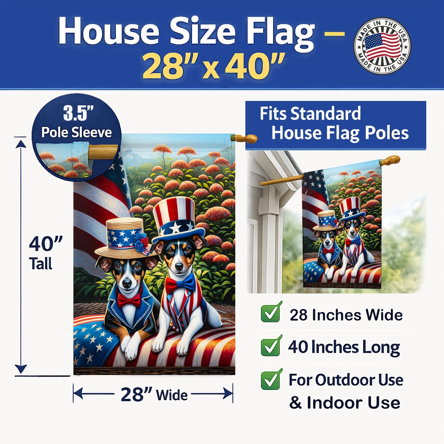 All American Rat Terrier House Flag 28x40 Porch Sleeve Pole Decorative Outside Yard Banner Artwork Wall Hanging, Polyester