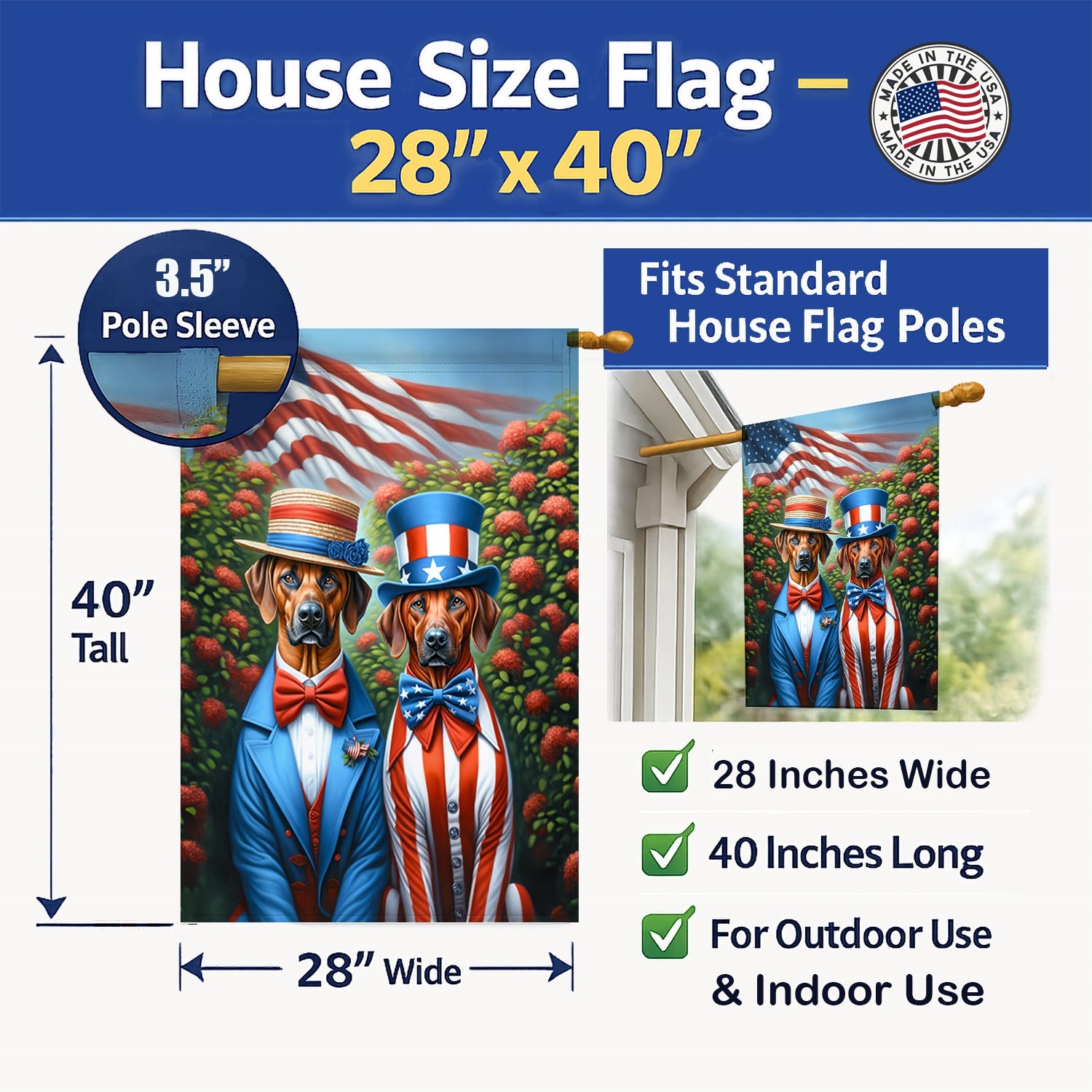 All American Rhodesian Ridgeback House Flag 28x40 Porch Sleeve Pole Decorative Outside Yard Banner Artwork Wall Hanging, Polyester