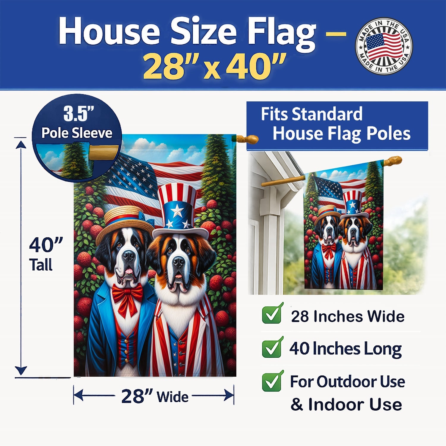 All American Saint Bernard House Flag 28x40 Porch Sleeve Pole Decorative Outside Yard Banner Artwork Wall Hanging, Polyester