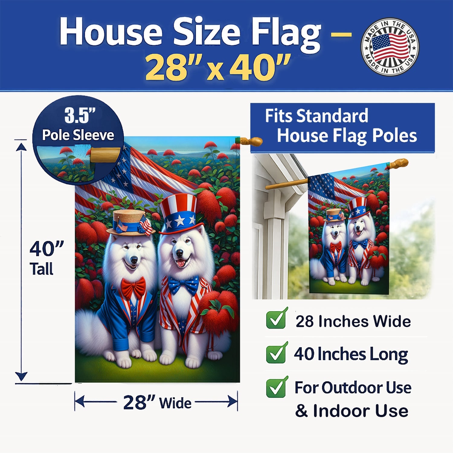 All American Samoyed House Flag 28x40 Porch Sleeve Pole Decorative Outside Yard Banner Artwork Wall Hanging, Polyester