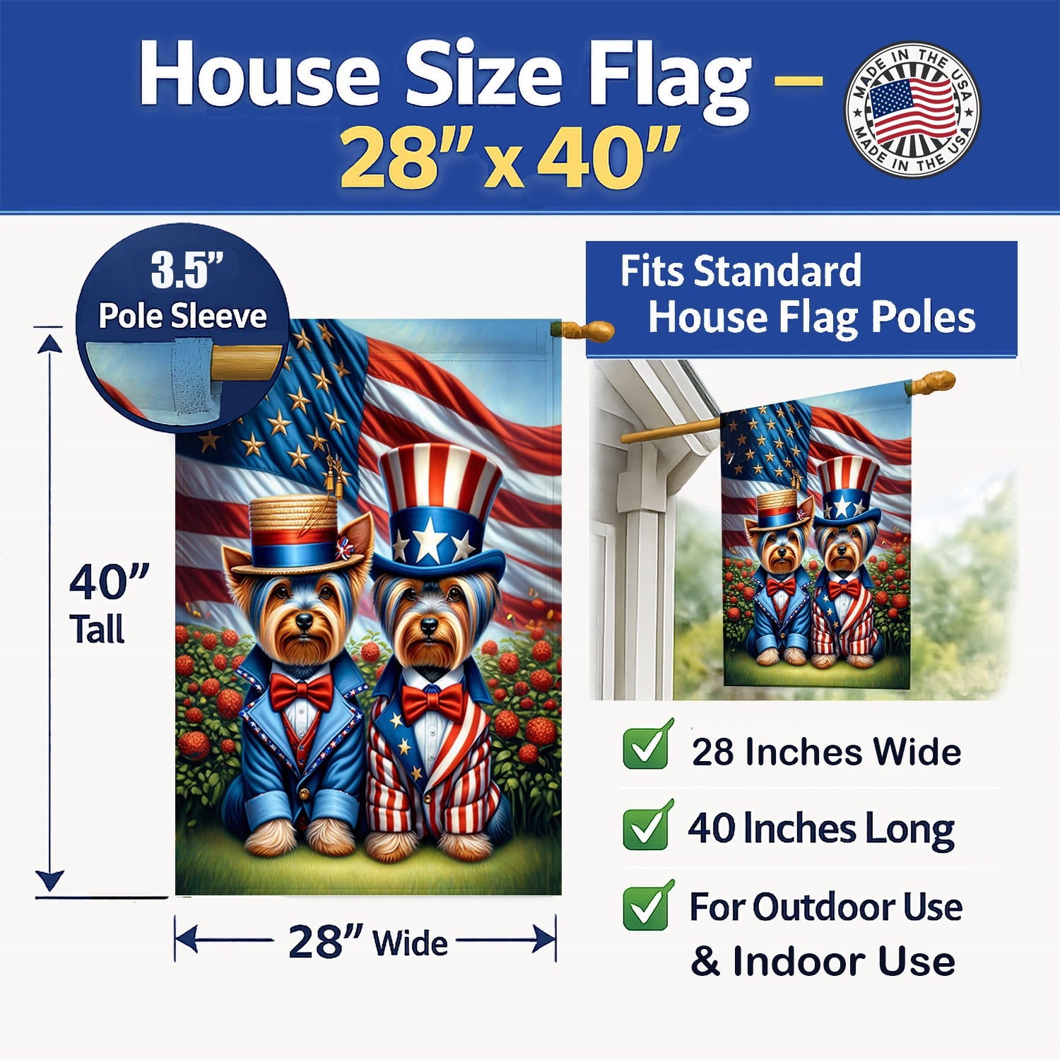 All American Yorkshire Terrier House Flag 28x40 Porch Sleeve Pole Decorative Outside Yard Banner Artwork Wall Hanging, Polyester