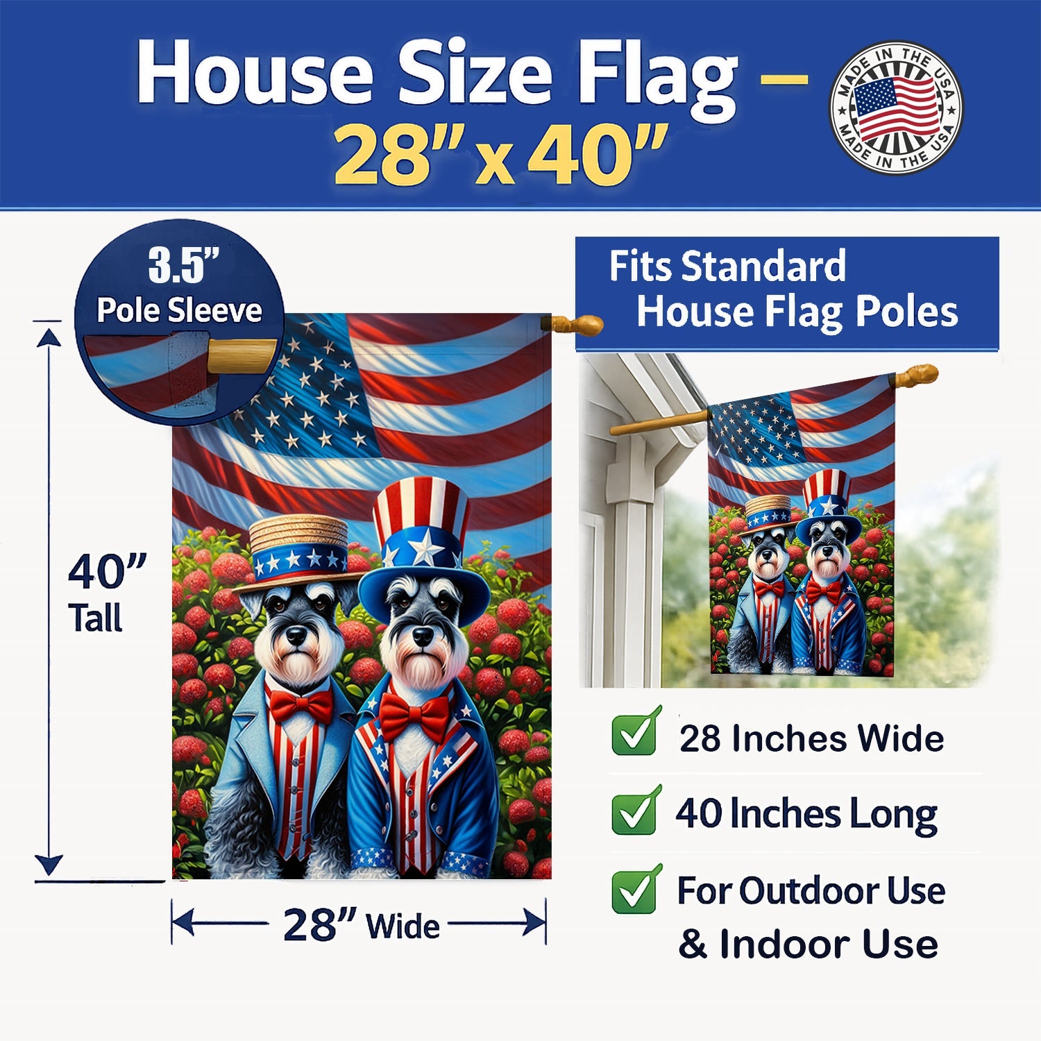 All American Schnauzer House Flag 28x40 Porch Sleeve Pole Decorative Outside Yard Banner Artwork Wall Hanging, Polyester