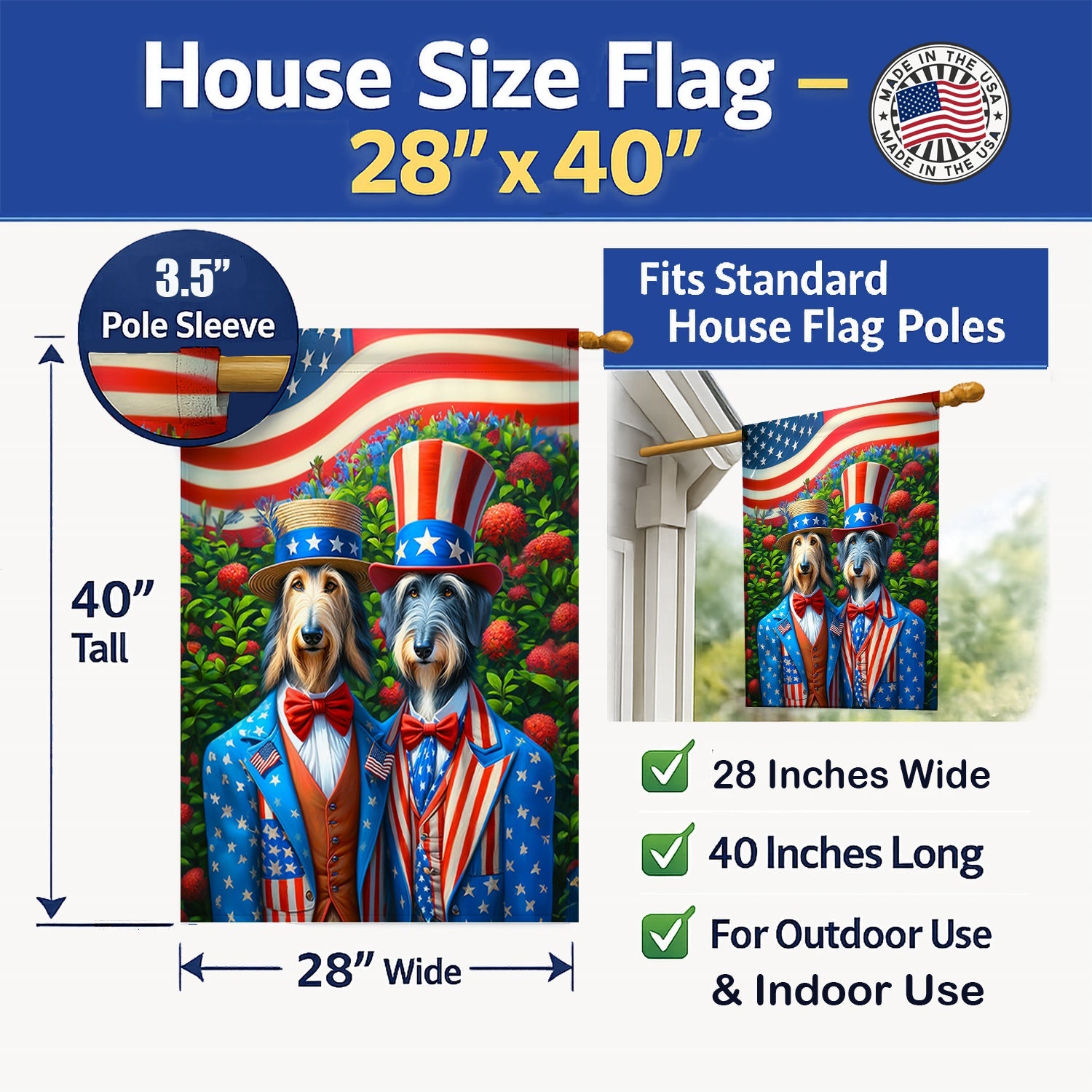 All American Scottish Deerhound House Flag 28x40 Porch Sleeve Pole Decorative Outside Yard Banner Artwork Wall Hanging, Polyester