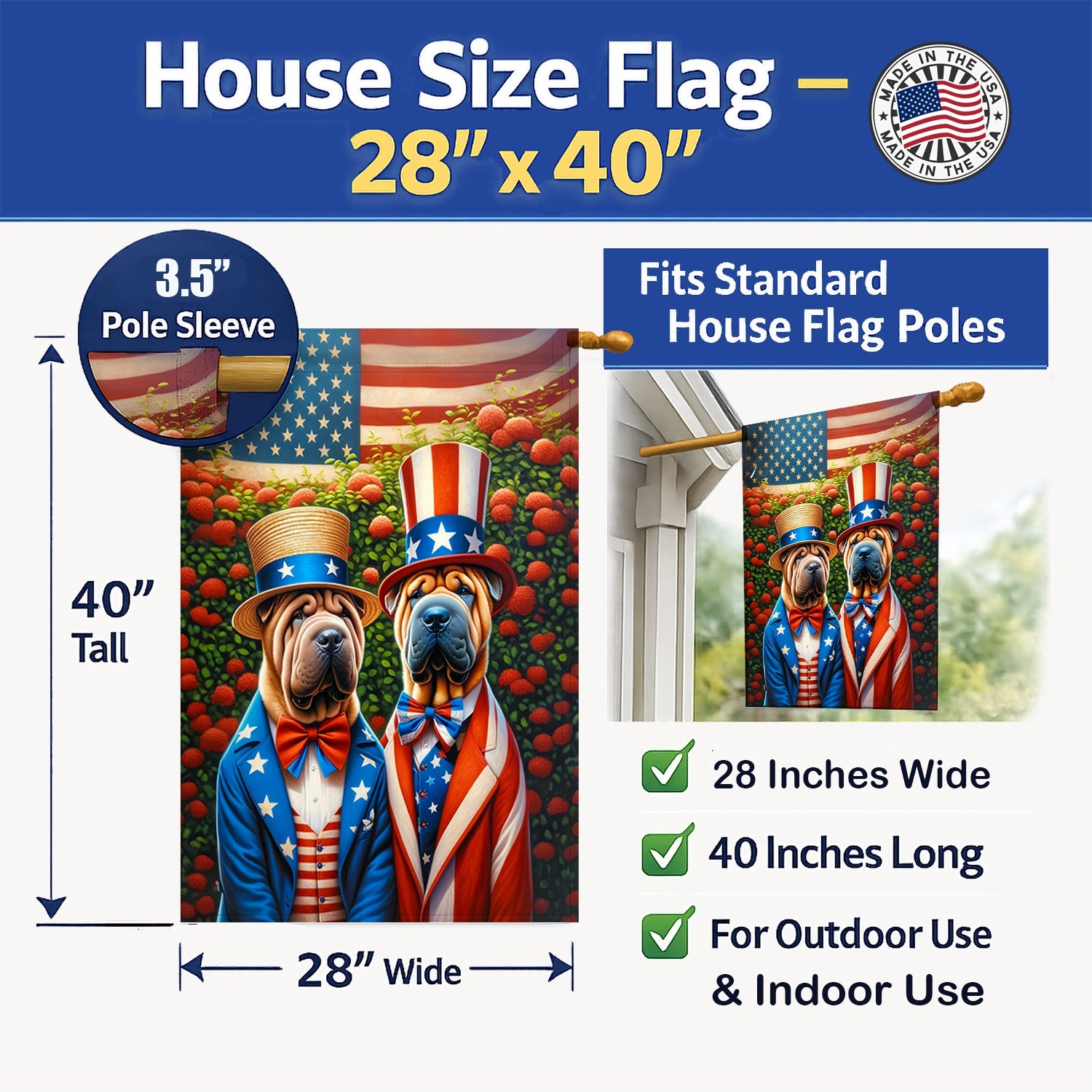 All American Shar Pei House Flag 28x40 Porch Sleeve Pole Decorative Outside Yard Banner Artwork Wall Hanging, Polyester