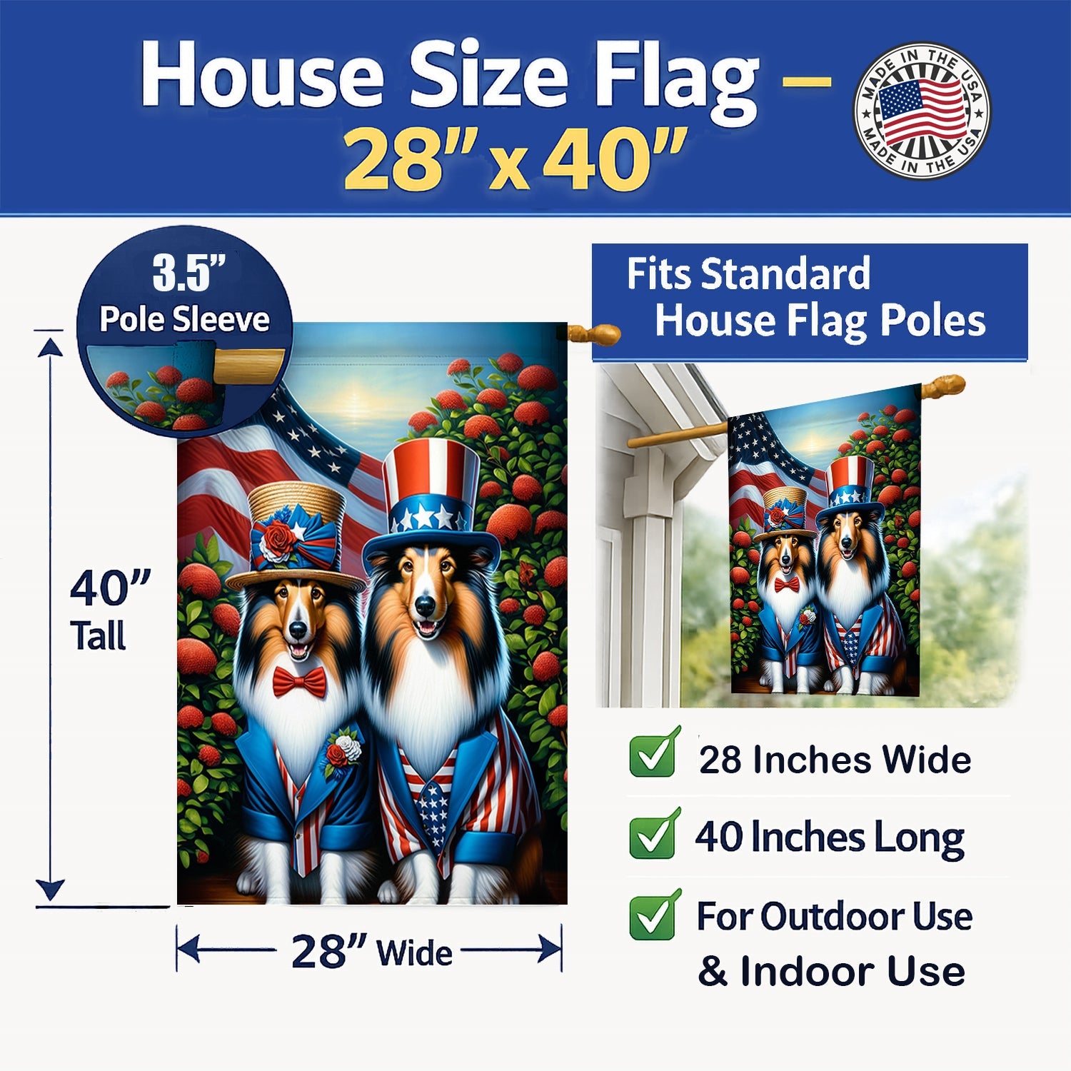 All American Sheltie House Flag 28x40 Porch Sleeve Pole Decorative Outside Yard Banner Artwork Wall Hanging, Polyester