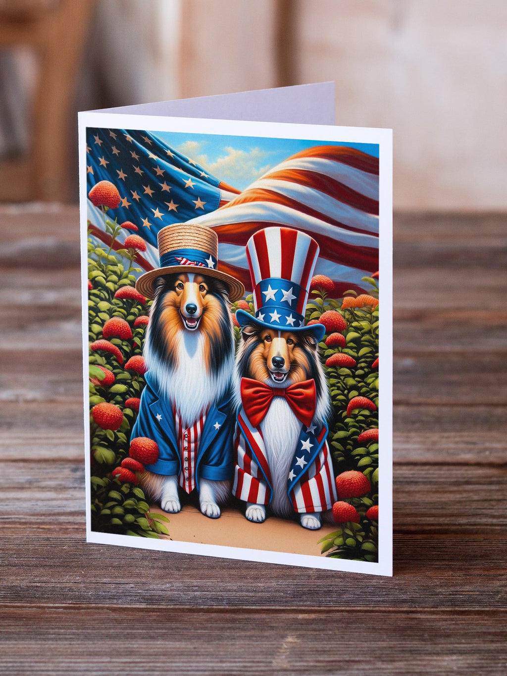 All American Sheltie Greeting Cards Pack of 8 Blank Cards with Envelopes Whimsical A7 Size 5x7