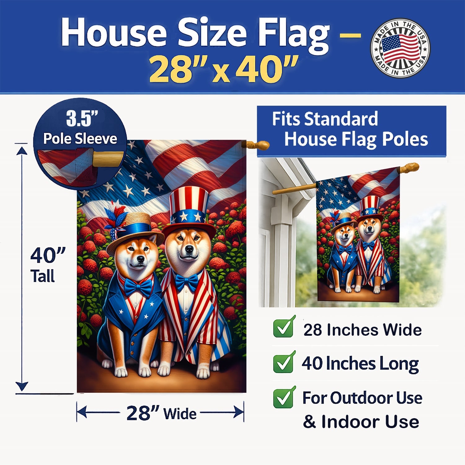 All American Shiba Inu House Flag 28x40 Porch Sleeve Pole Decorative Outside Yard Banner Artwork Wall Hanging, Polyester