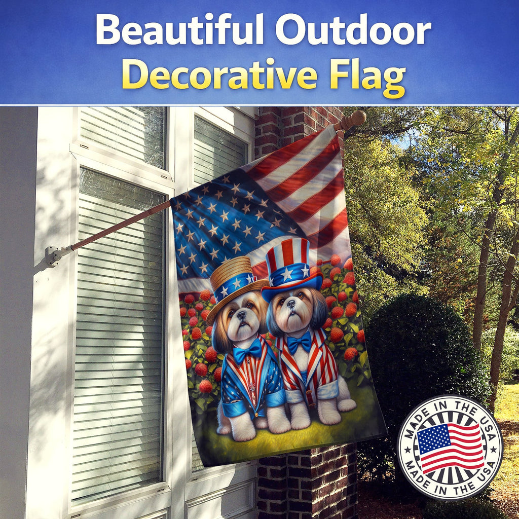 All American Shih Tzu House Flag 28x40 Porch Sleeve Pole Decorative Outside Yard Banner Artwork Wall Hanging, Polyester