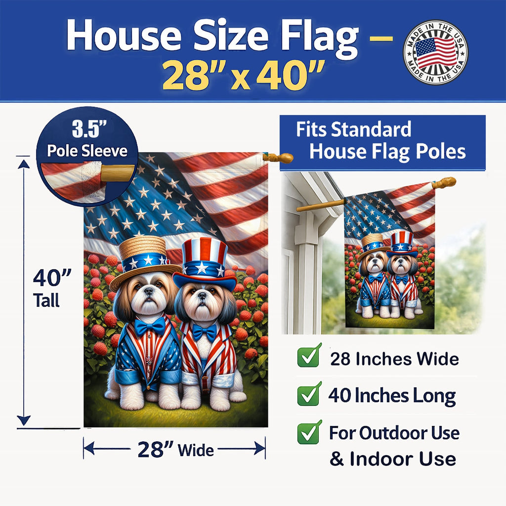 All American Shih Tzu House Flag 28x40 Porch Sleeve Pole Decorative Outside Yard Banner Artwork Wall Hanging, Polyester