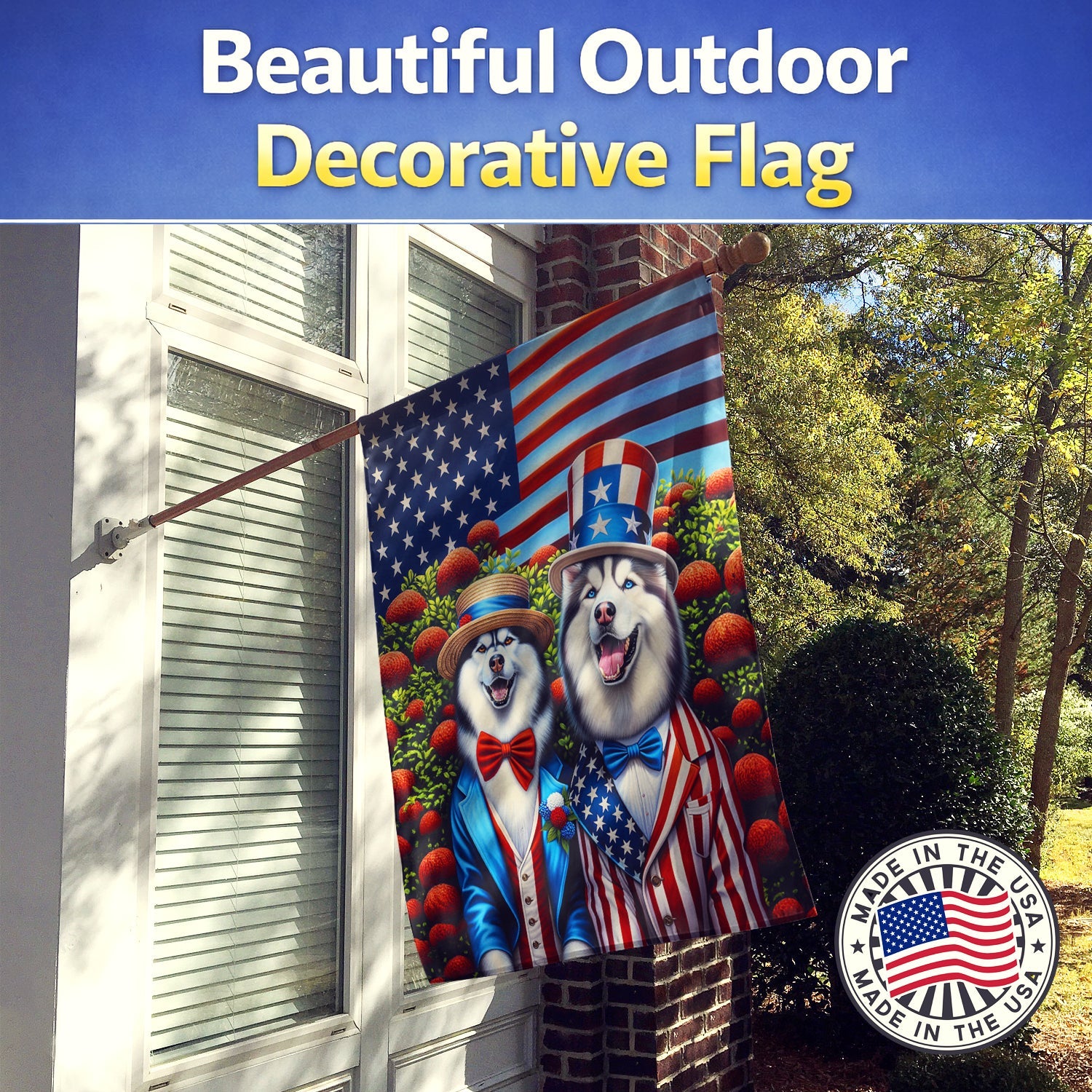 All American Siberian Husky House Flag 28x40 Porch Sleeve Pole Decorative Outside Yard Banner Artwork Wall Hanging, Polyester