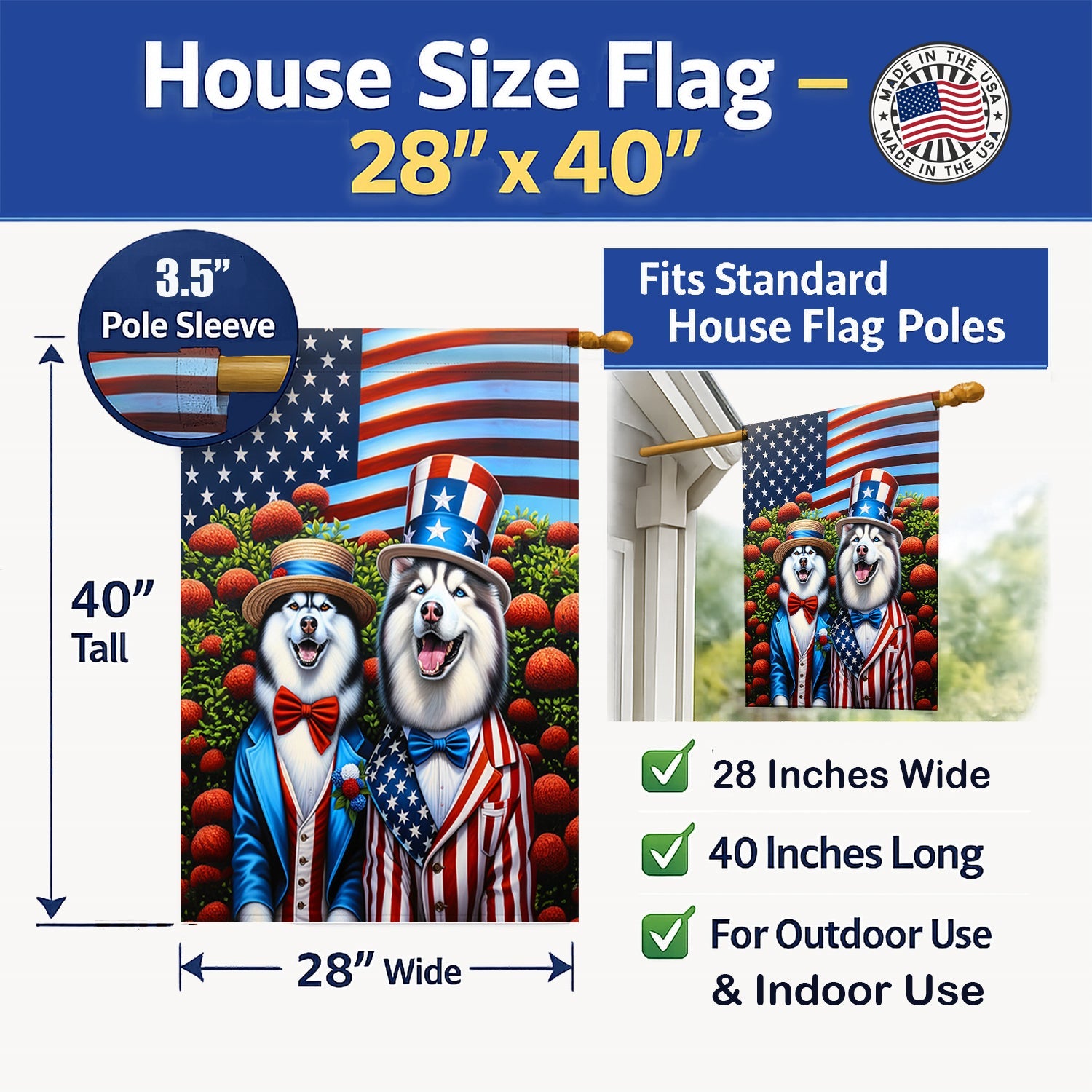 All American Siberian Husky House Flag 28x40 Porch Sleeve Pole Decorative Outside Yard Banner Artwork Wall Hanging, Polyester