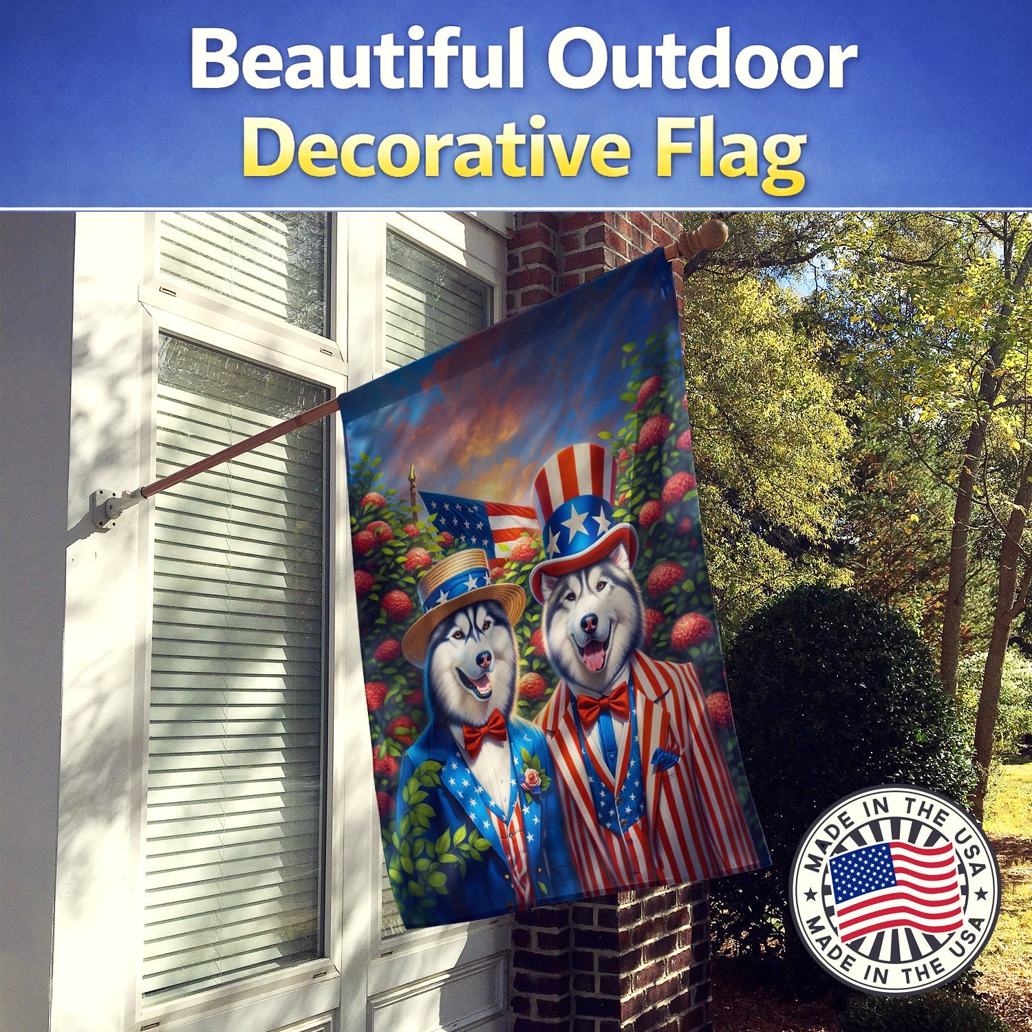 All American Siberian Husky House Flag 28x40 Porch Sleeve Pole Decorative Outside Yard Banner Artwork Wall Hanging, Polyester