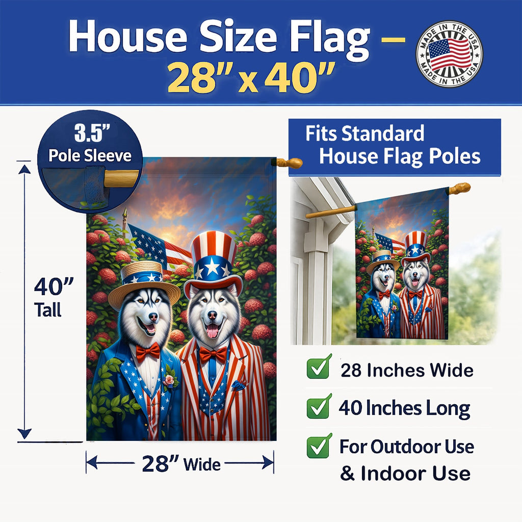 All American Siberian Husky House Flag 28x40 Porch Sleeve Pole Decorative Outside Yard Banner Artwork Wall Hanging, Polyester