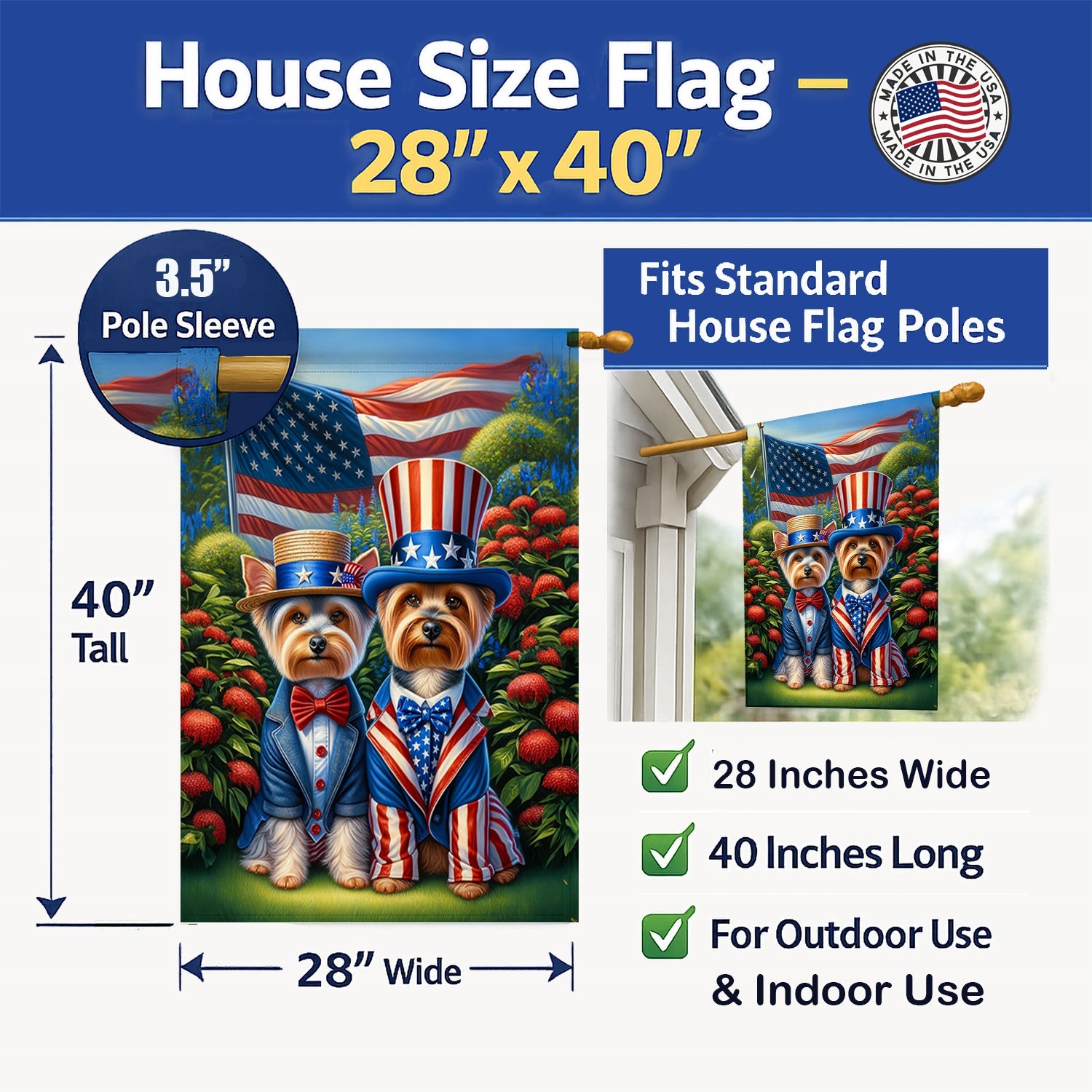 All American Silky Terrier House Flag 28x40 Porch Sleeve Pole Decorative Outside Yard Banner Artwork Wall Hanging, Polyester