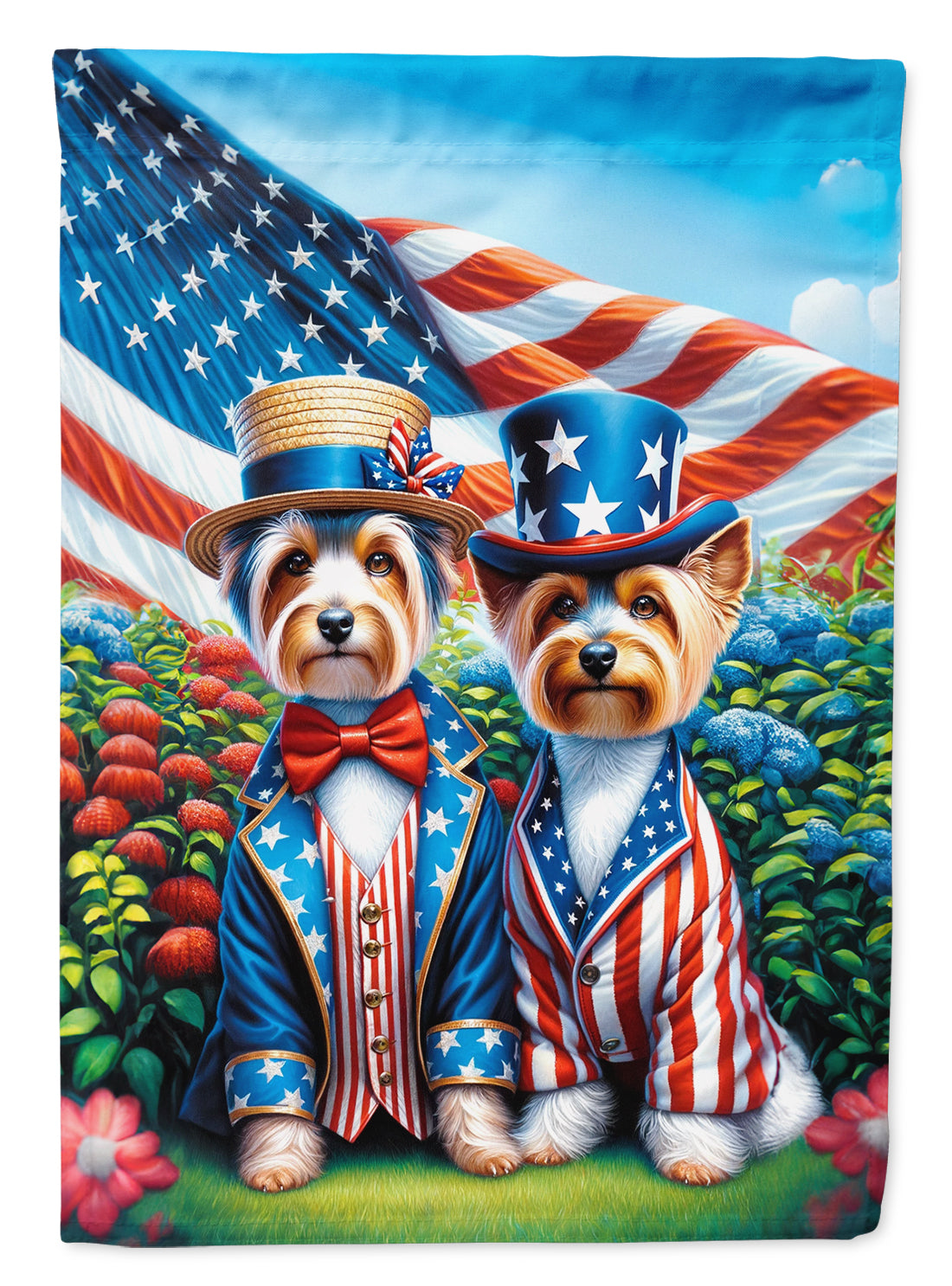 All American Silky Terrier House Flag 28x40 Porch Sleeve Pole Decorative Outside Yard Banner Artwork Wall Hanging, Polyester