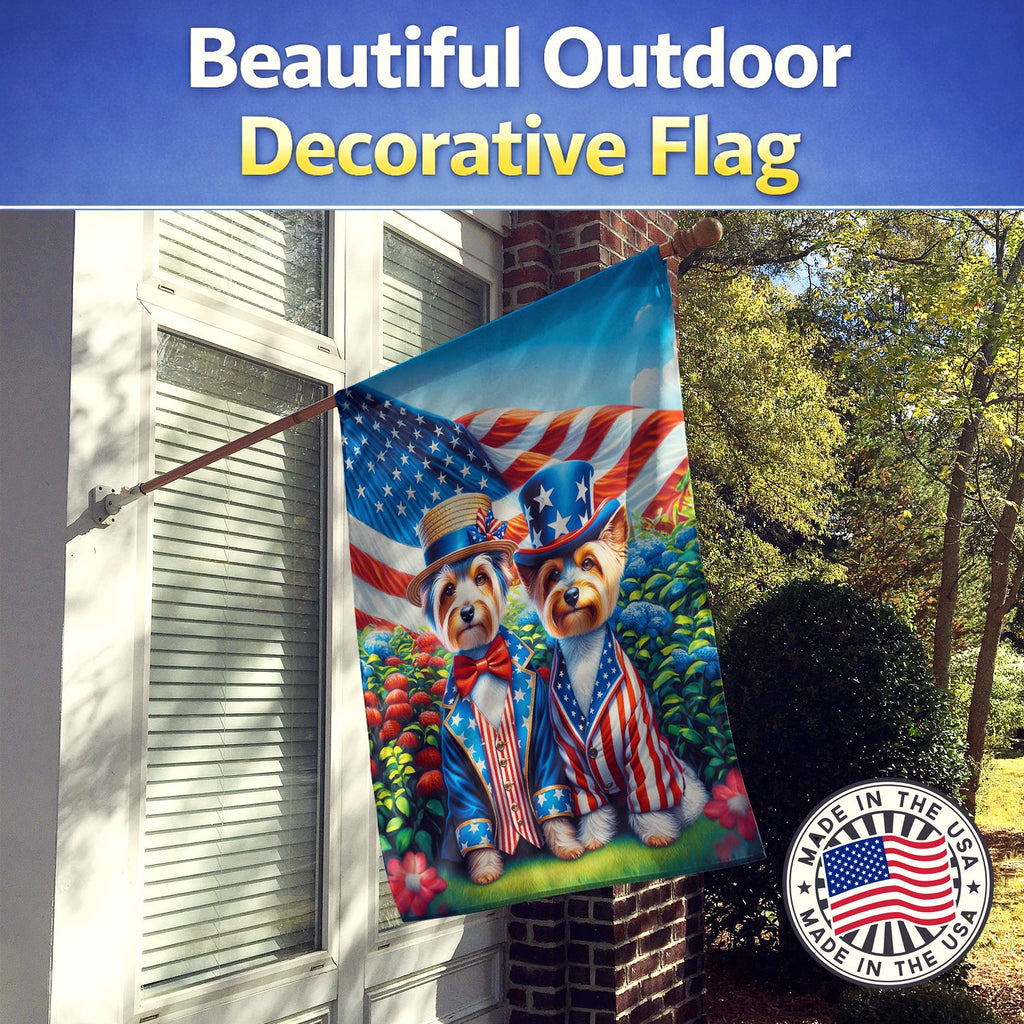 All American Silky Terrier House Flag 28x40 Porch Sleeve Pole Decorative Outside Yard Banner Artwork Wall Hanging, Polyester