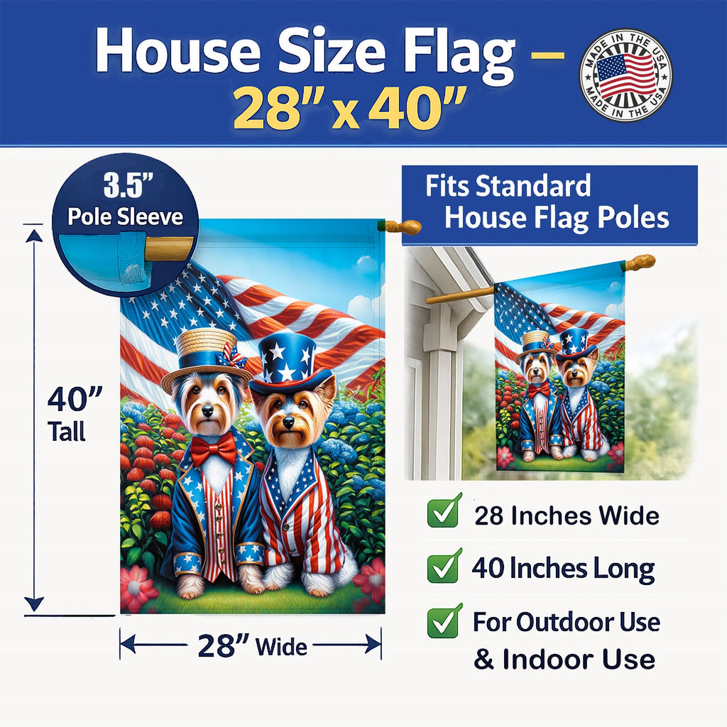 All American Silky Terrier House Flag 28x40 Porch Sleeve Pole Decorative Outside Yard Banner Artwork Wall Hanging, Polyester
