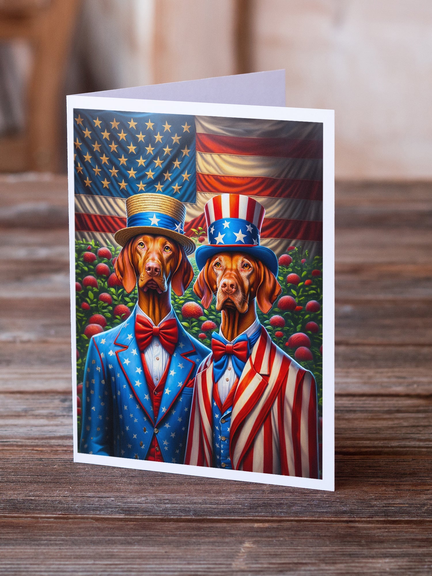 All American Vizsla Greeting Cards Pack of 8 Blank Cards with Envelopes Whimsical A7 Size 5x7