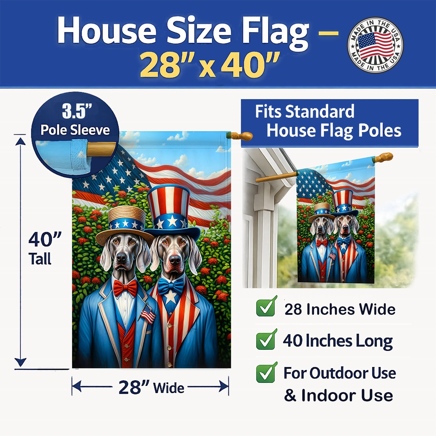 All American Weimaraner House Flag 28x40 Porch Sleeve Pole Decorative Outside Yard Banner Artwork Wall Hanging, Polyester