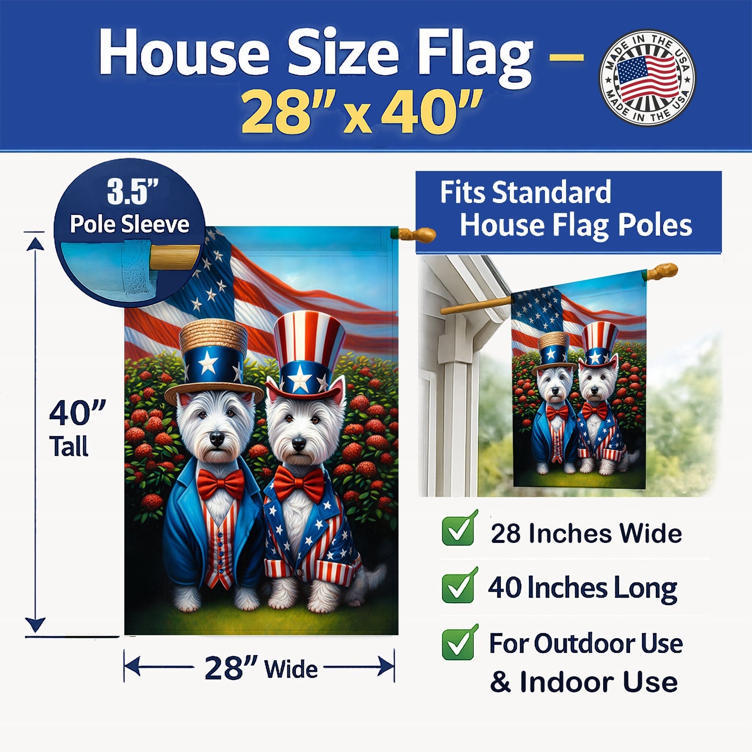 All American Westie House Flag 28x40 Porch Sleeve Pole Decorative Outside Yard Banner Artwork Wall Hanging, Polyester