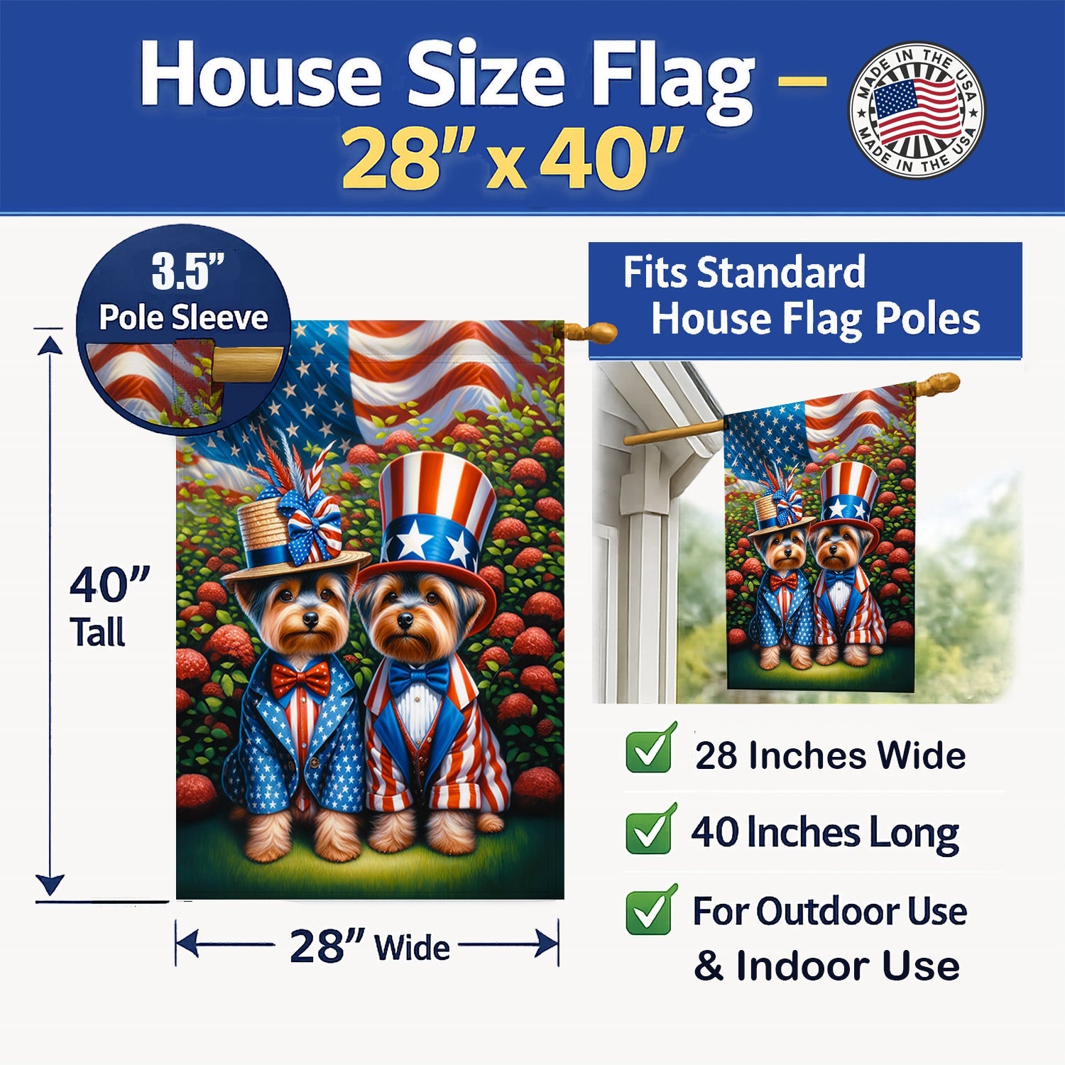 All American Yorkshire Terrier House Flag 28x40 Porch Sleeve Pole Decorative Outside Yard Banner Artwork Wall Hanging, Polyester