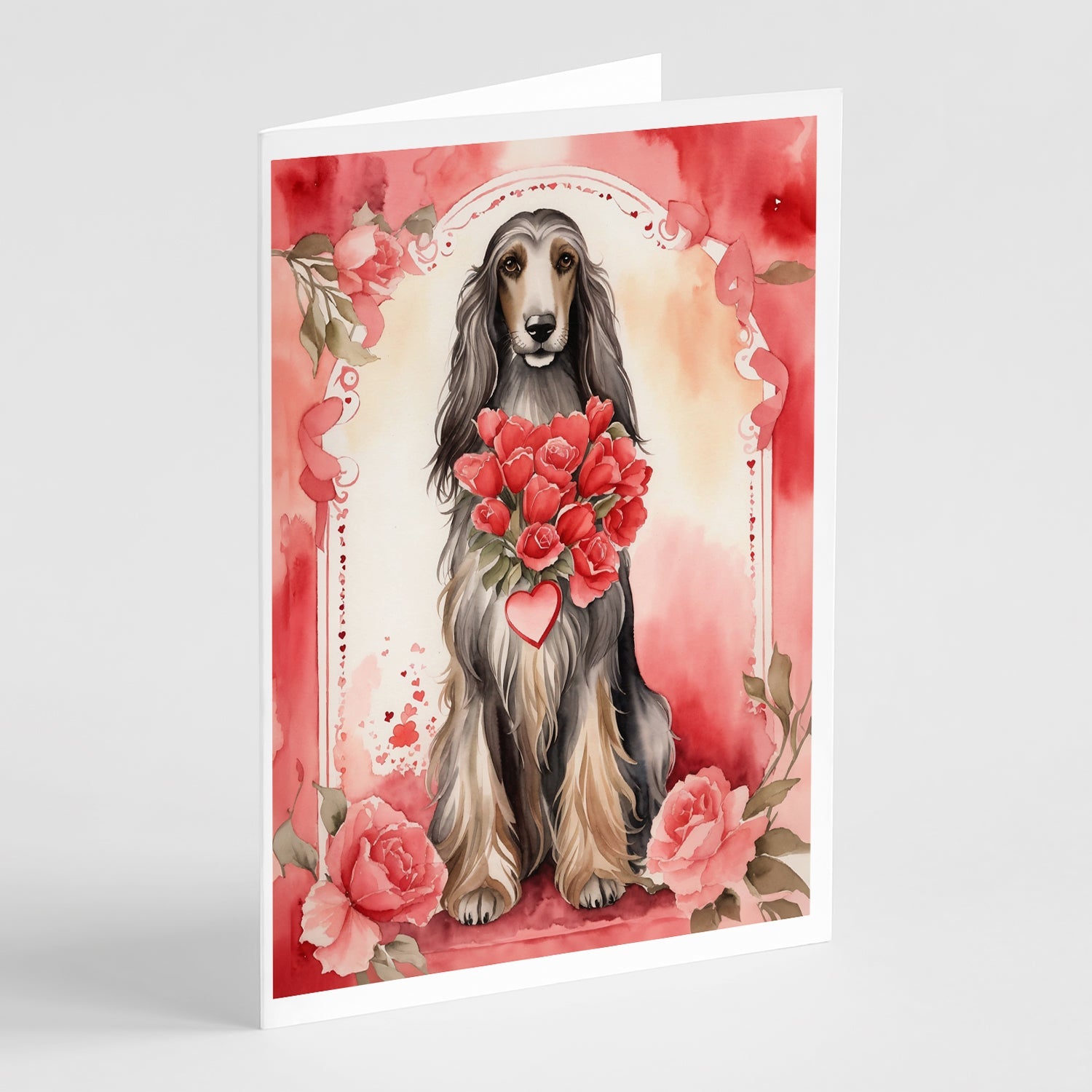Afghan Hound Valentine Roses Greeting Cards Pack of 8 Blank Cards with Envelopes Whimsical A7 Size 5x7