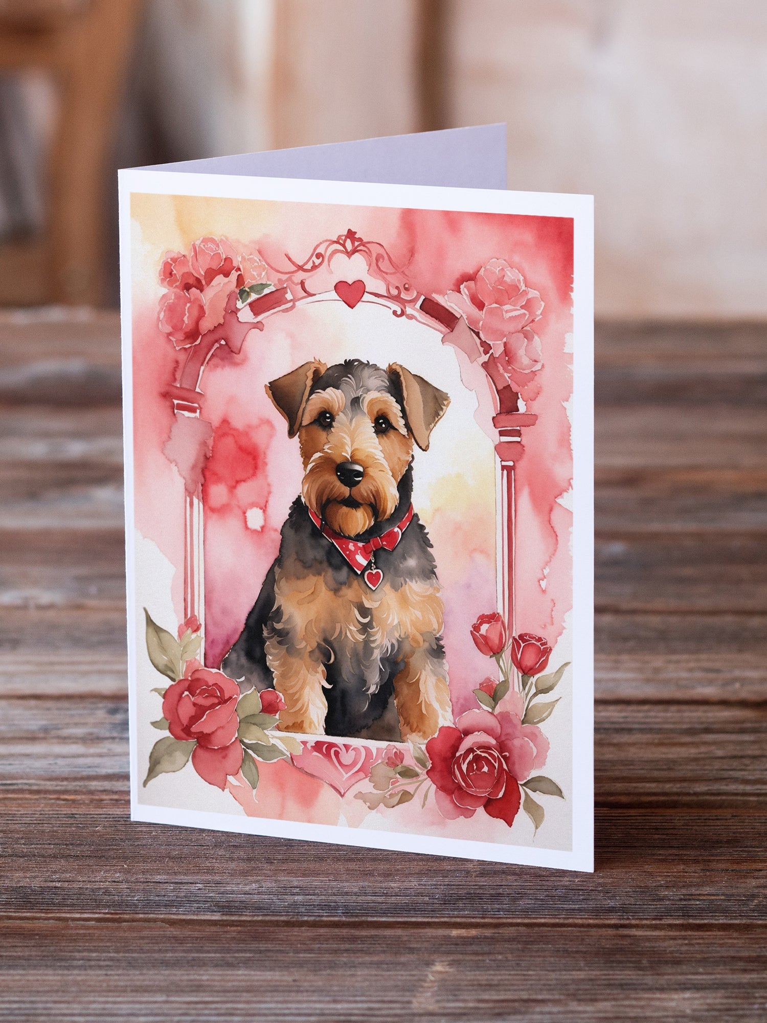 Airedale Terrier Valentine Roses Greeting Cards Pack of 8 Blank Cards with Envelopes Whimsical A7 Size 5x7
