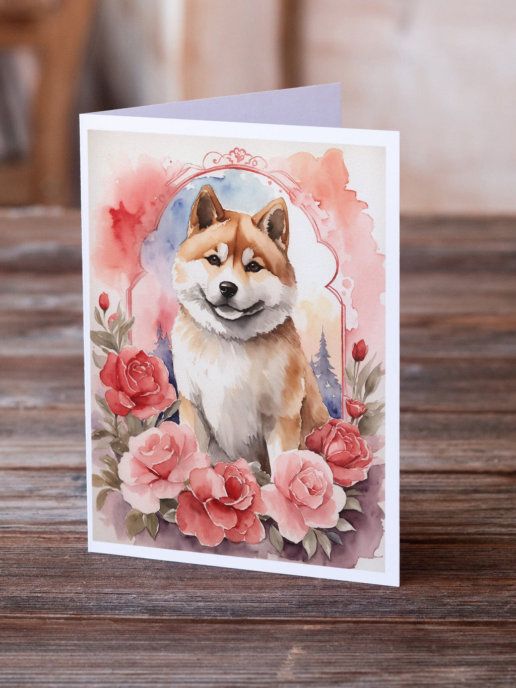 Akita Valentine Roses Greeting Cards Pack of 8 Blank Cards with Envelopes Whimsical A7 Size 5x7