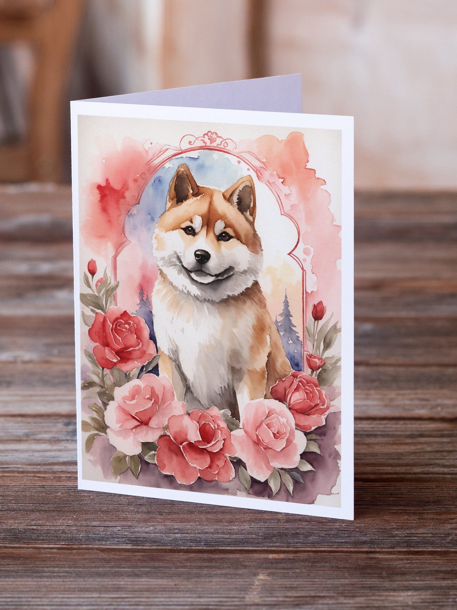 Akita Valentine Roses Greeting Cards Pack of 8 Blank Cards with Envelopes Whimsical A7 Size 5x7