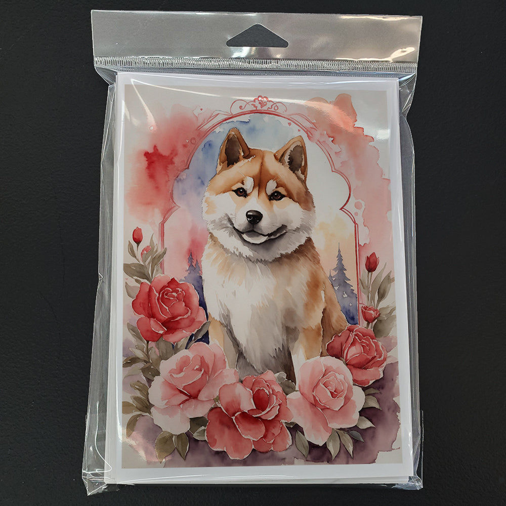 Akita Valentine Roses Greeting Cards Pack of 8 Blank Cards with Envelopes Whimsical A7 Size 5x7