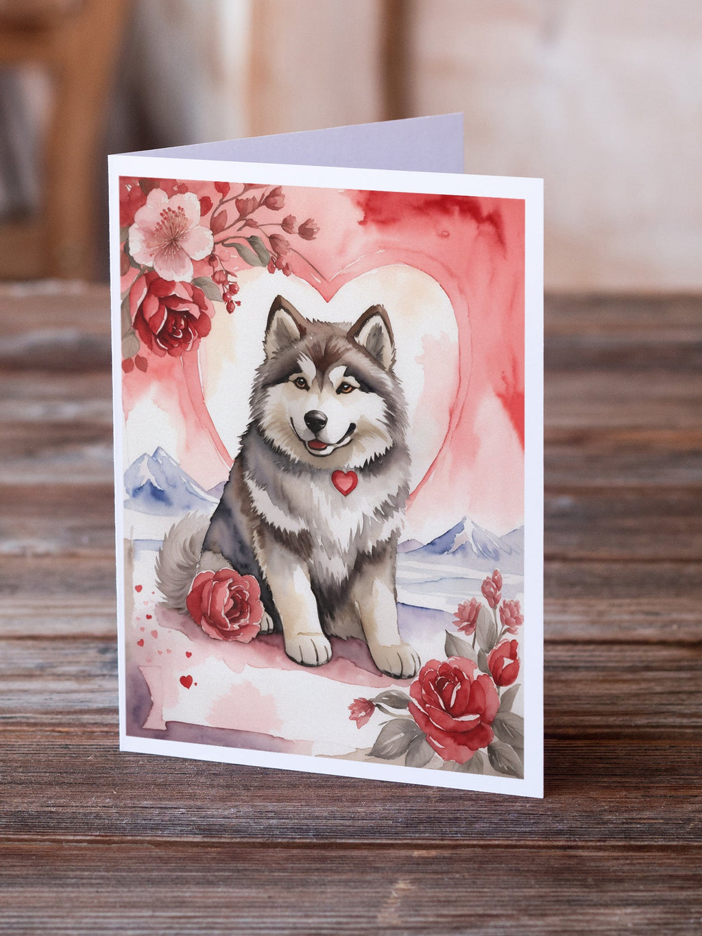 Alaskan Malamute Valentine Roses Greeting Cards Pack of 8 Blank Cards with Envelopes Whimsical A7 Size 5x7