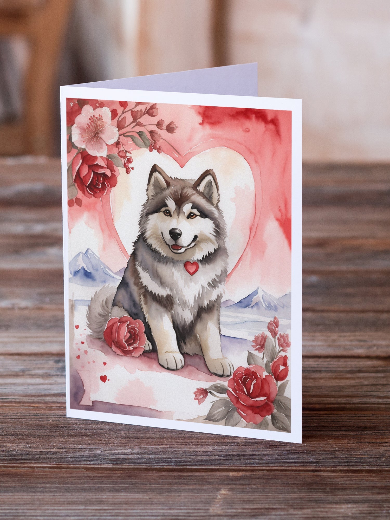 Alaskan Malamute Valentine Roses Greeting Cards Pack of 8 Blank Cards with Envelopes Whimsical A7 Size 5x7