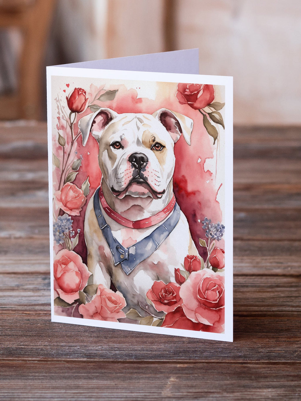 American Bulldog Valentine Roses Greeting Cards Pack of 8 Blank Cards with Envelopes Whimsical A7 Size 5x7