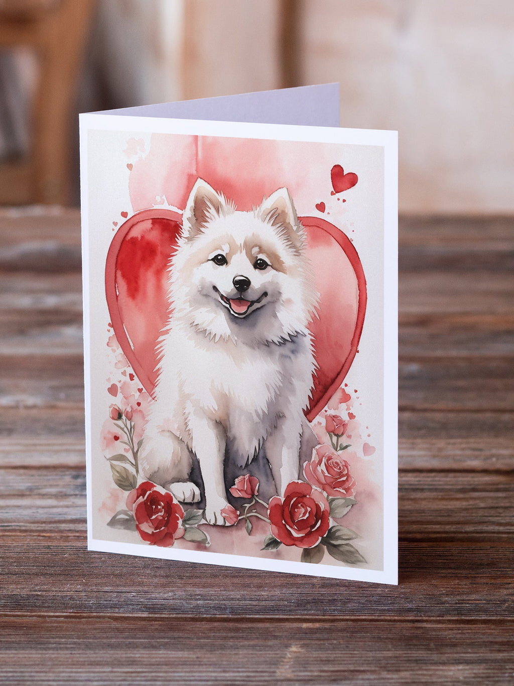 American Eskimo Valentine Roses Greeting Cards Pack of 8 Blank Cards with Envelopes Whimsical A7 Size 5x7