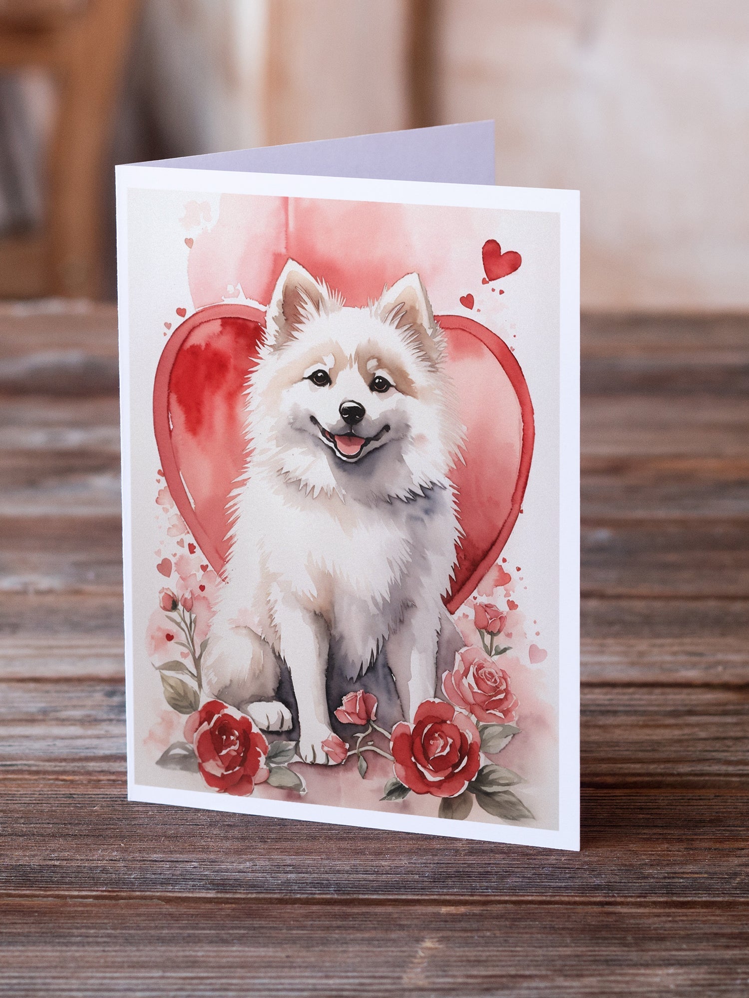 American Eskimo Valentine Roses Greeting Cards Pack of 8 Blank Cards with Envelopes Whimsical A7 Size 5x7