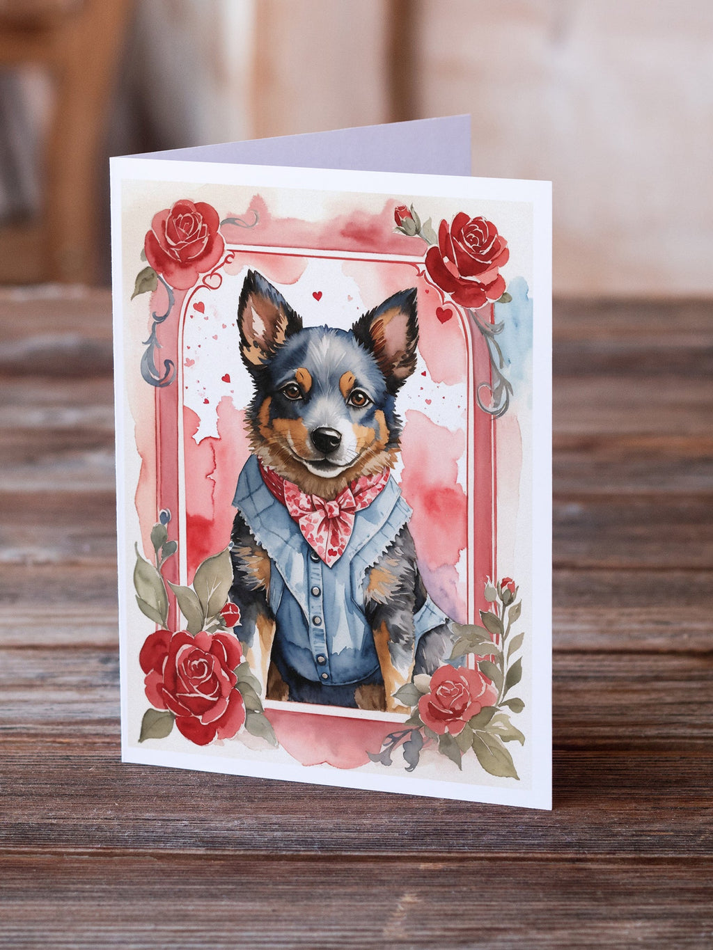 Australian Cattle Dog Valentine Roses Greeting Cards Pack of 8 Blank Cards with Envelopes Whimsical A7 Size 5x7