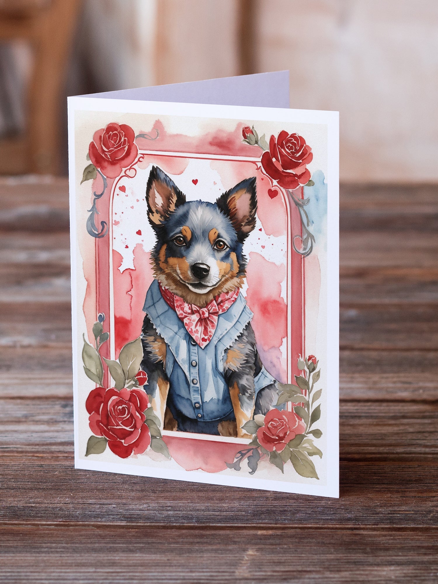 Australian Cattle Dog Valentine Roses Greeting Cards Pack of 8 Blank Cards with Envelopes Whimsical A7 Size 5x7