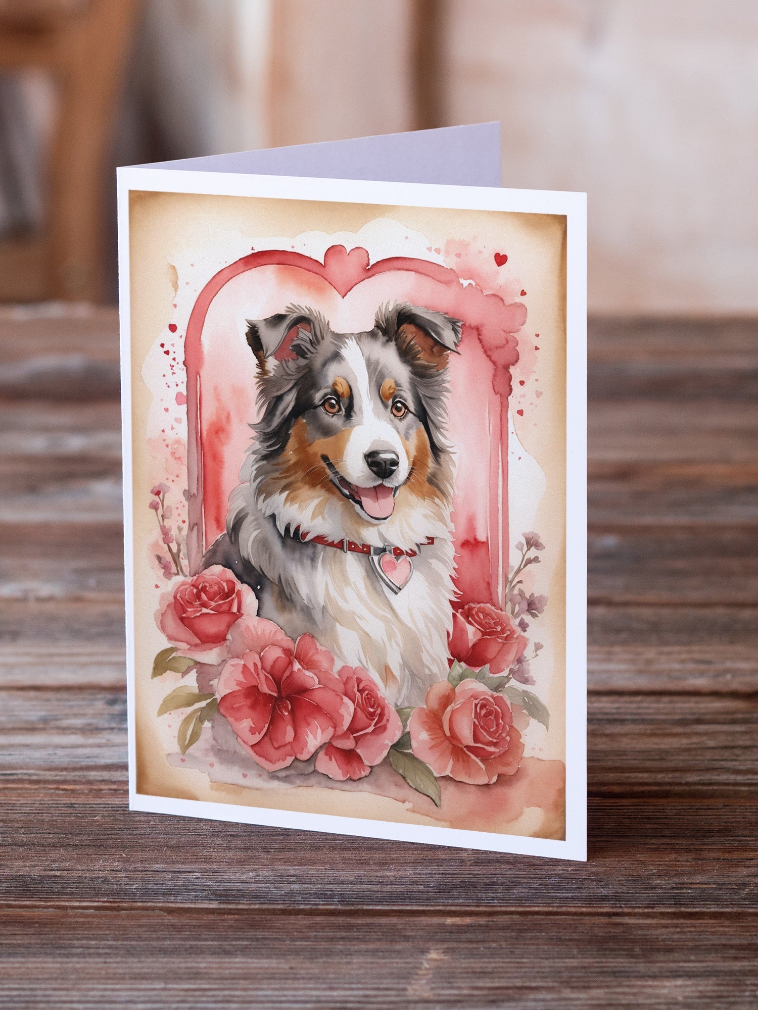 Australian Shepherd Valentine Roses Greeting Cards Pack of 8 Blank Cards with Envelopes Whimsical A7 Size 5x7