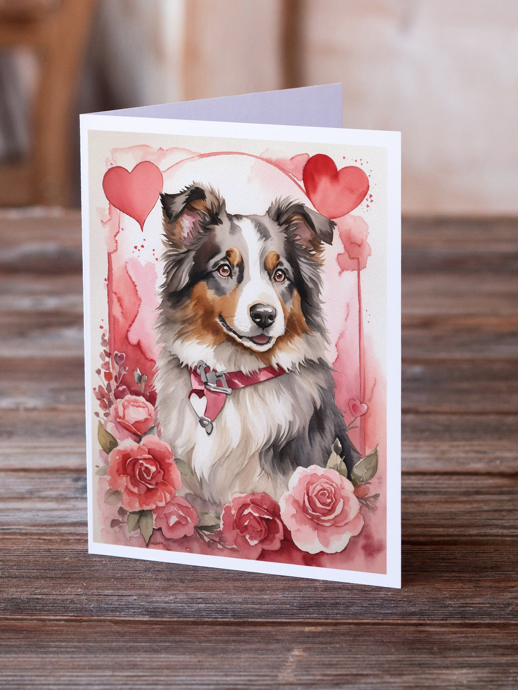 Australian Shepherd Valentine Roses Greeting Cards Pack of 8 Blank Cards with Envelopes Whimsical A7 Size 5x7