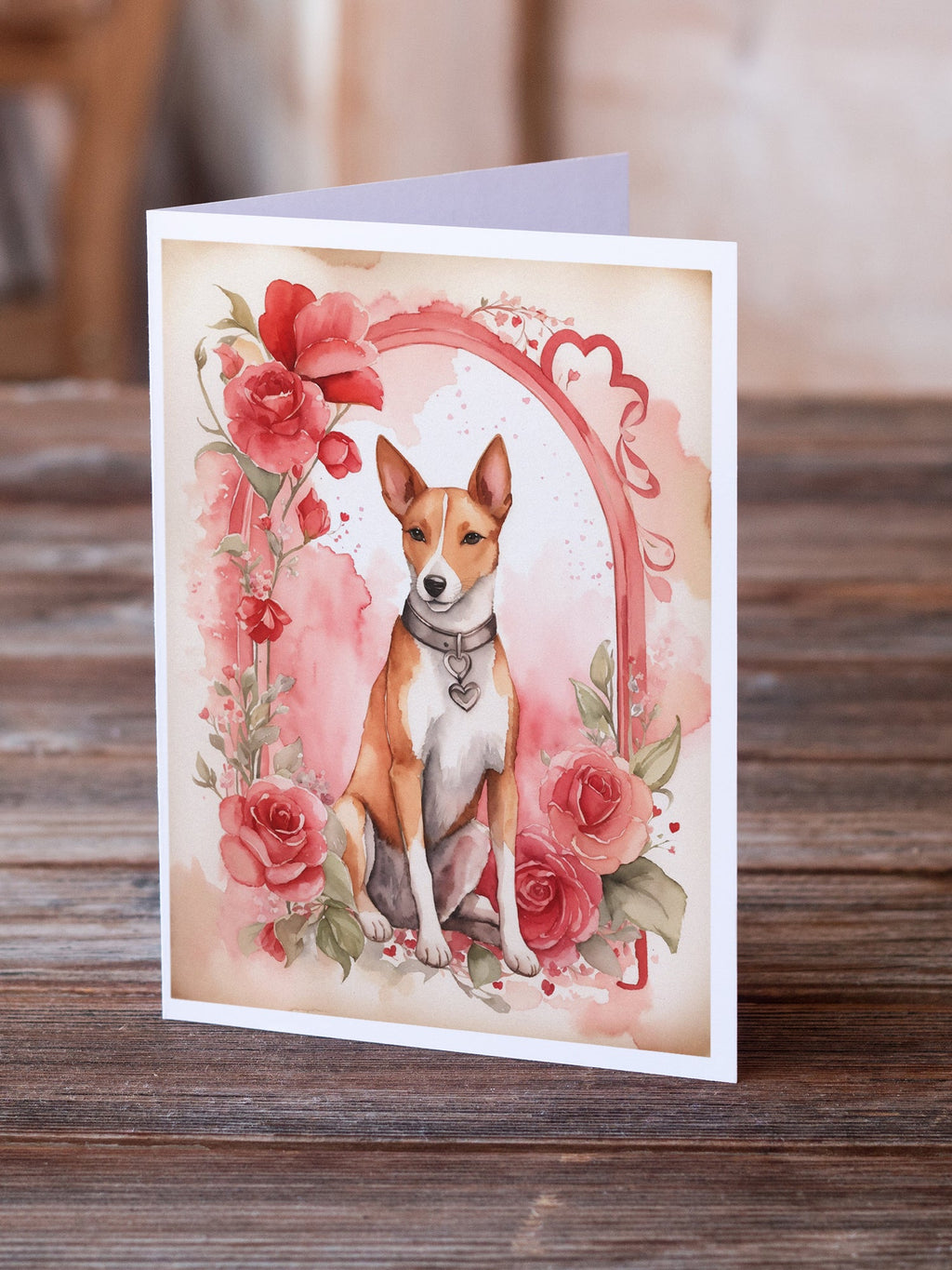 Basenji Valentine Roses Greeting Cards Pack of 8 Blank Cards with Envelopes Whimsical A7 Size 5x7
