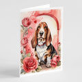 Basset Hound Valentine Roses Greeting Cards Pack of 8 Blank Cards with Envelopes Whimsical A7 Size 5x7