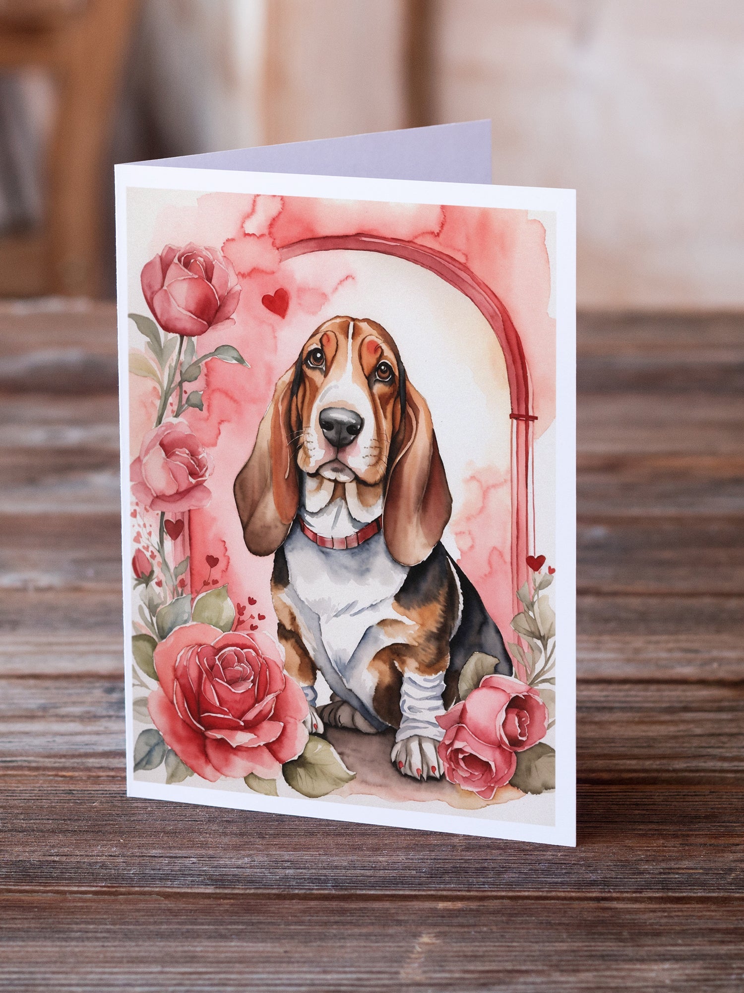 Basset Hound Valentine Roses Greeting Cards Pack of 8 Blank Cards with Envelopes Whimsical A7 Size 5x7