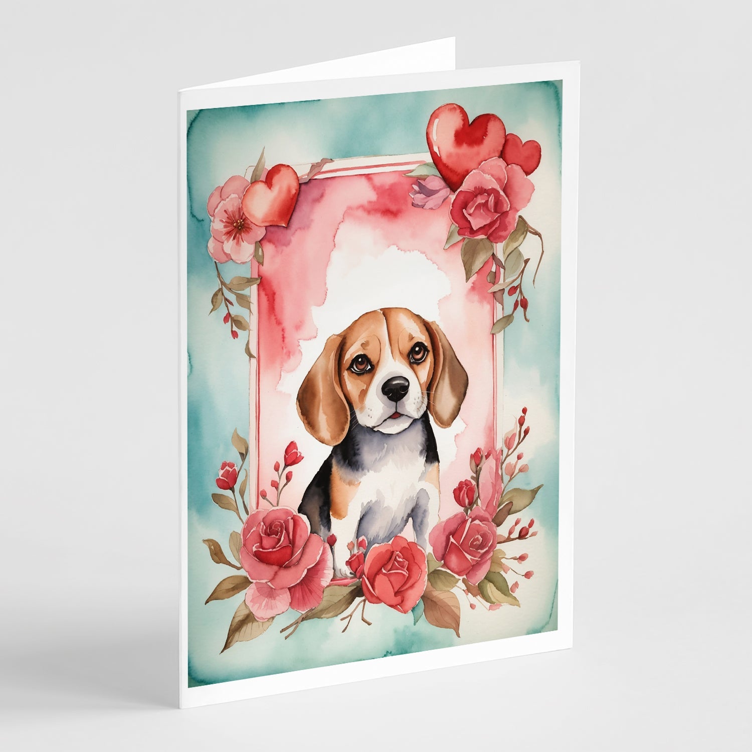 Beagle Valentine Roses Greeting Cards Pack of 8 Blank Cards with Envelopes Whimsical A7 Size 5x7