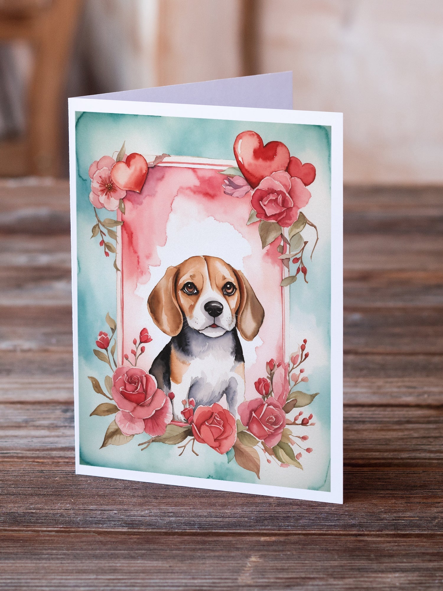 Beagle Valentine Roses Greeting Cards Pack of 8 Blank Cards with Envelopes Whimsical A7 Size 5x7
