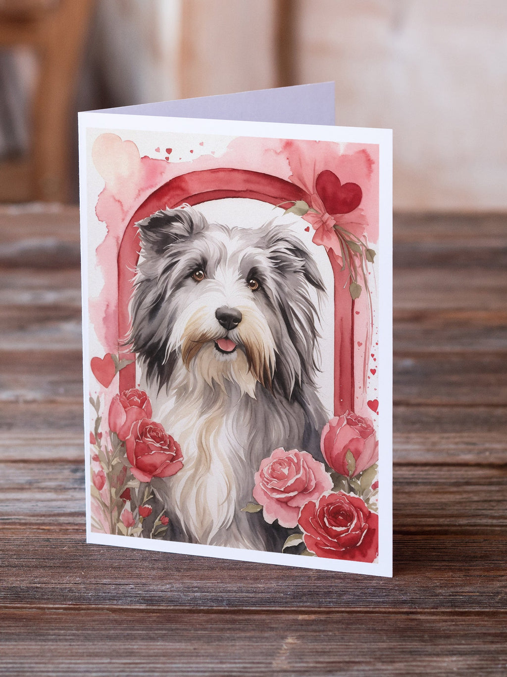 Bearded Collie Valentine Roses Greeting Cards Pack of 8 Blank Cards with Envelopes Whimsical A7 Size 5x7